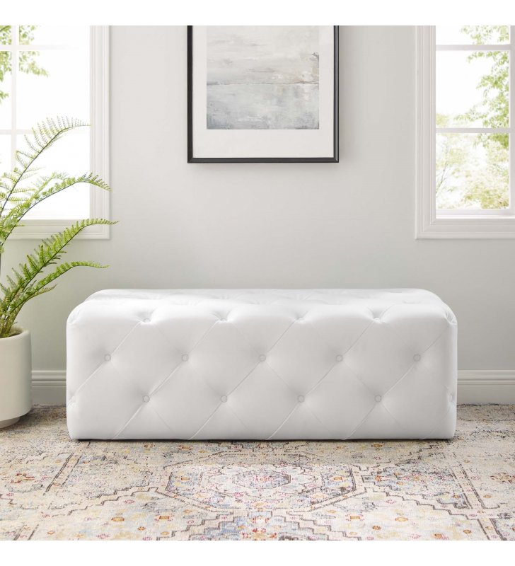 Amour 48" Tufted Button Entryway Faux Leather Bench in White - Lexmod