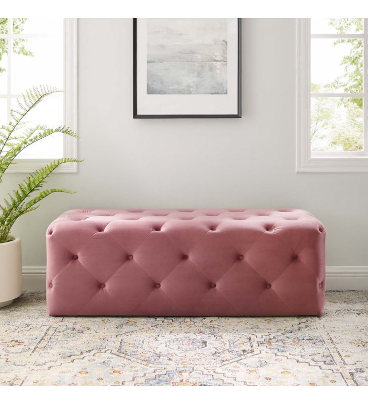 Amour 48" Tufted Button Entryway Performance Velvet Bench in Dusty Rose - Lexmod