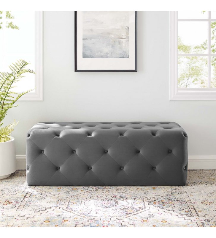 Amour 48" Tufted Button Entryway Performance Velvet Bench in Gray - Lexmod
