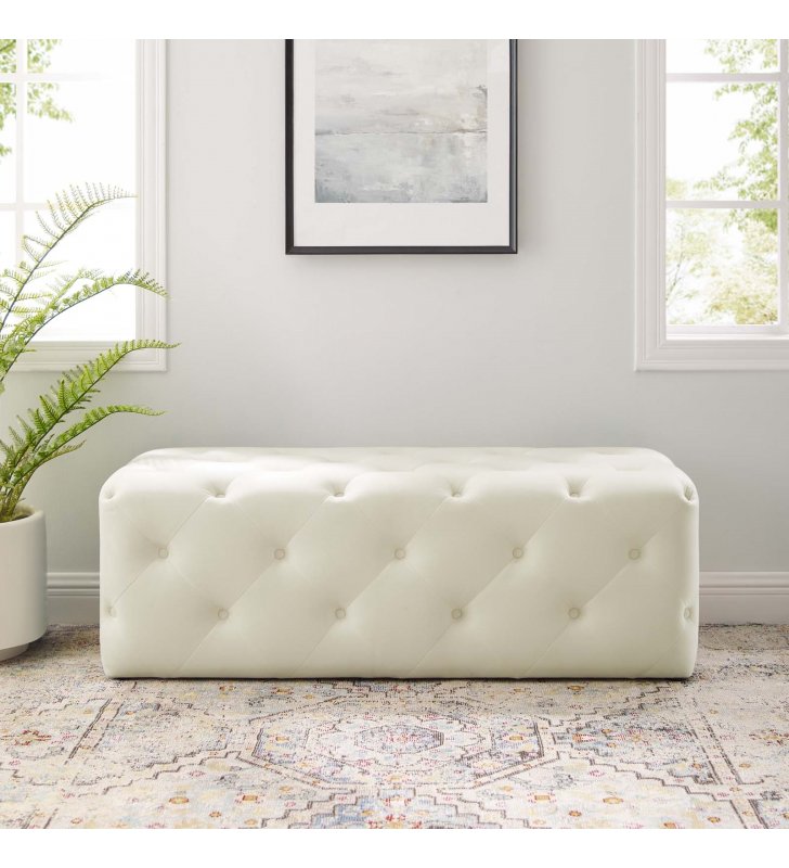 Amour 48" Tufted Button Entryway Performance Velvet Bench in Ivory - Lexmod