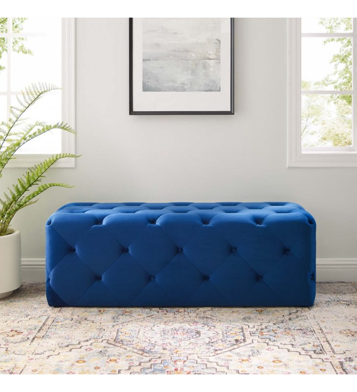 Amour 48" Tufted Button Entryway Performance Velvet Bench in Navy - Lexmod
