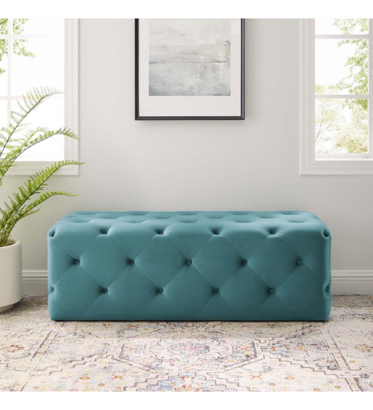 Amour 48" Tufted Button Entryway Performance Velvet Bench in Sea Blue - Lexmod