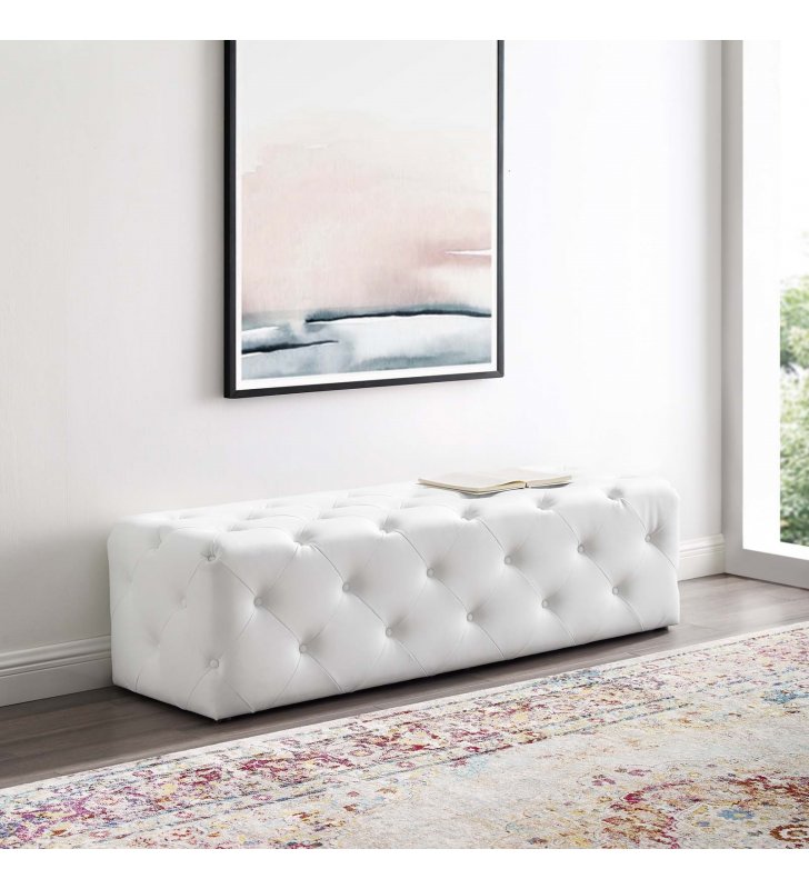 Amour 60" Tufted Button Entryway Faux Leather Bench in White - Lexmod
