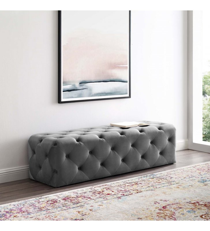 Amour 60" Tufted Button Entryway Performance Velvet Bench in Gray - Lexmod