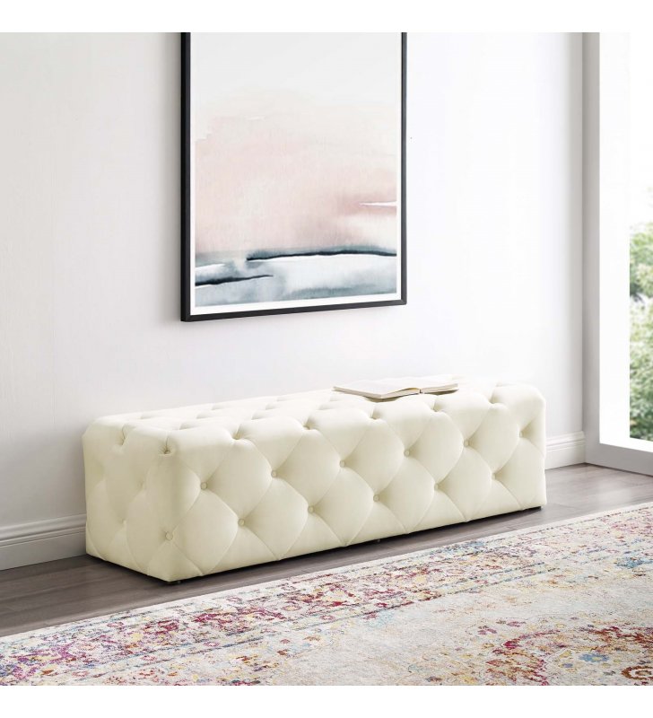 Amour 60" Tufted Button Entryway Performance Velvet Bench in Ivory - Lexmod