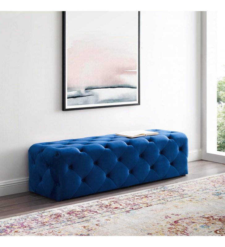Amour 60" Tufted Button Entryway Performance Velvet Bench in Navy - Lexmod