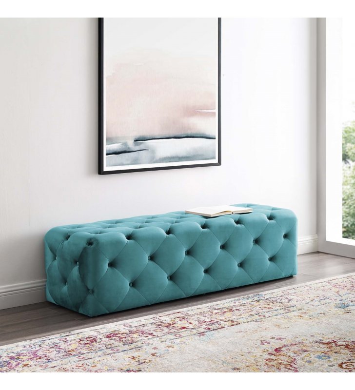 Amour 60" Tufted Button Entryway Performance Velvet Bench in Sea Blue - Lexmod