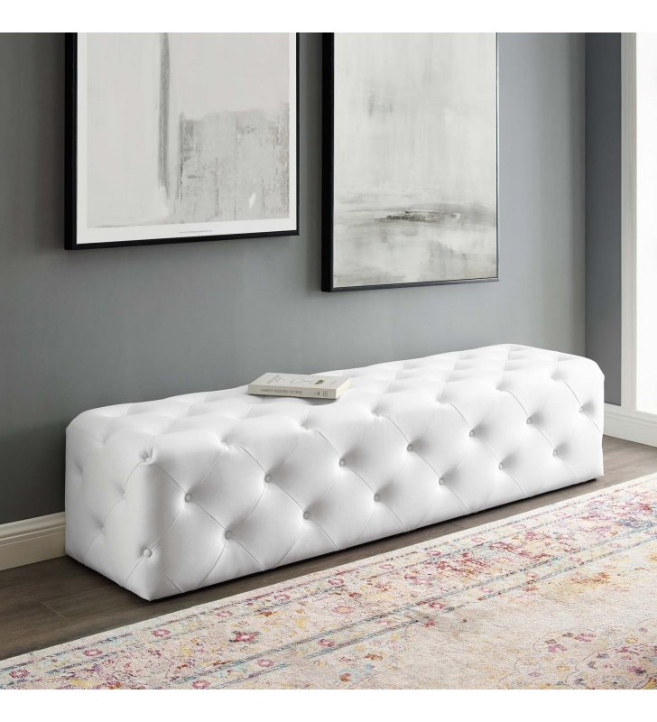 Amour 72" Tufted Button Entryway Faux Leather Bench in White - Lexmod