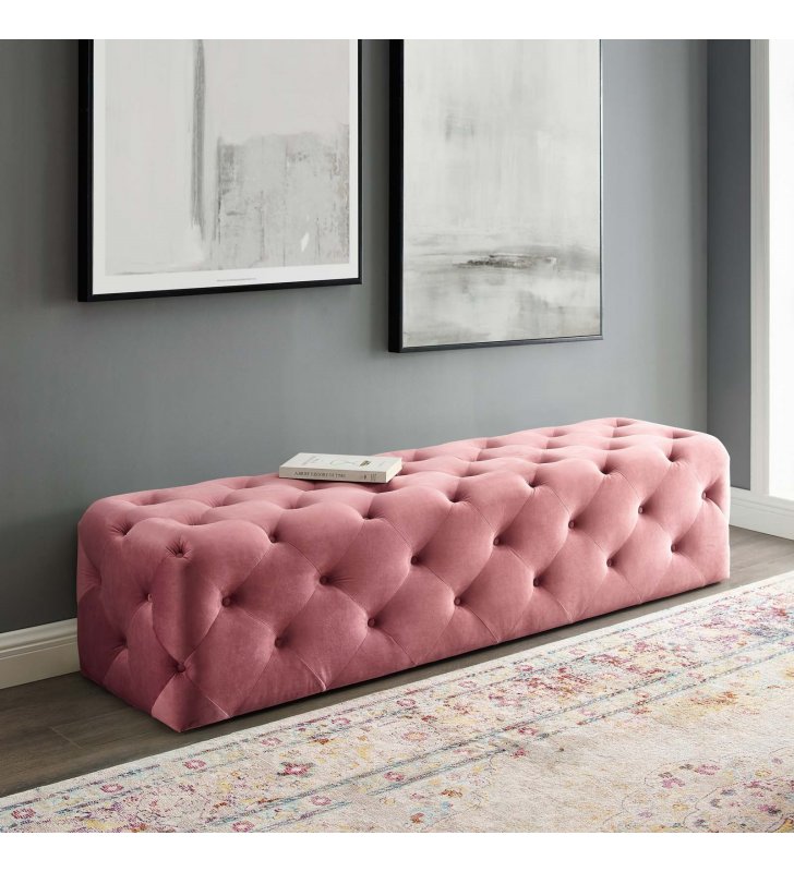 Amour 72" Tufted Button Entryway Performance Velvet Bench in Dusty Rose - Lexmod