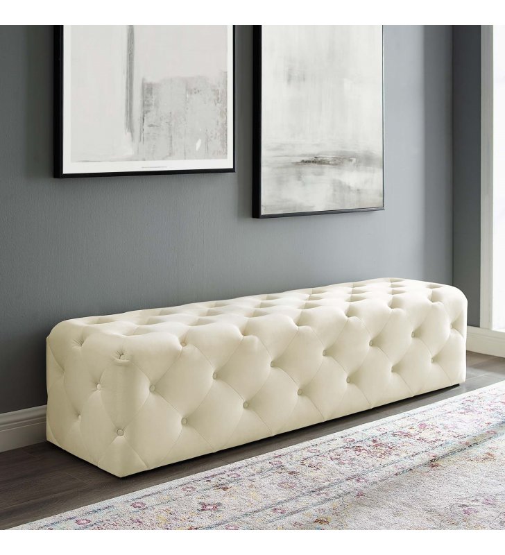 Amour 72" Tufted Button Entryway Performance Velvet Bench in Ivory - Lexmod