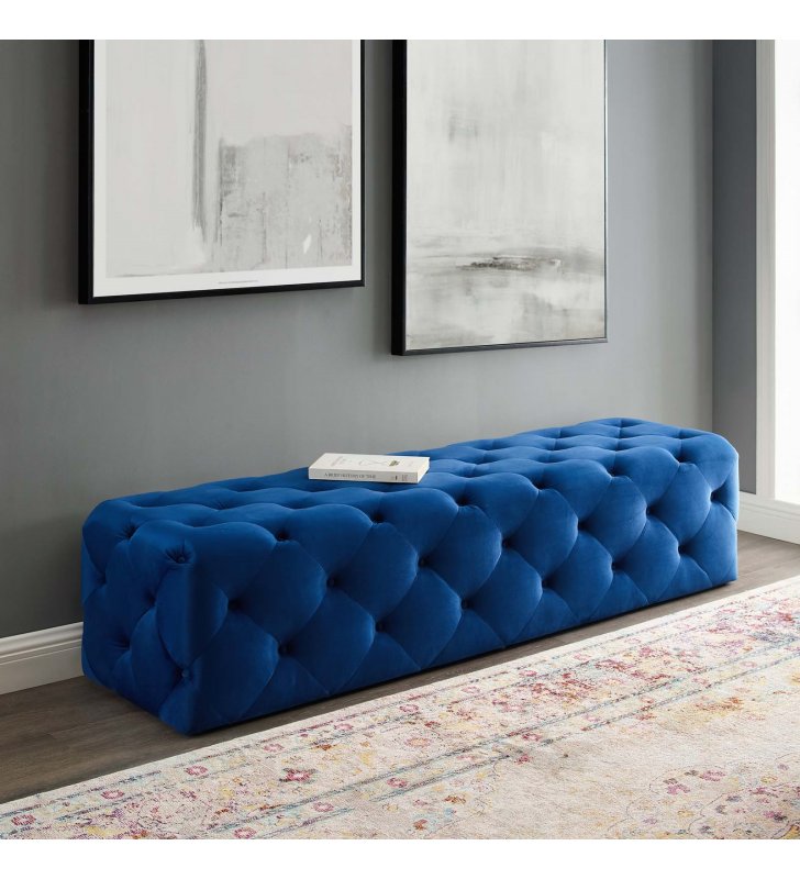 Amour 72" Tufted Button Entryway Performance Velvet Bench in Navy - Lexmod