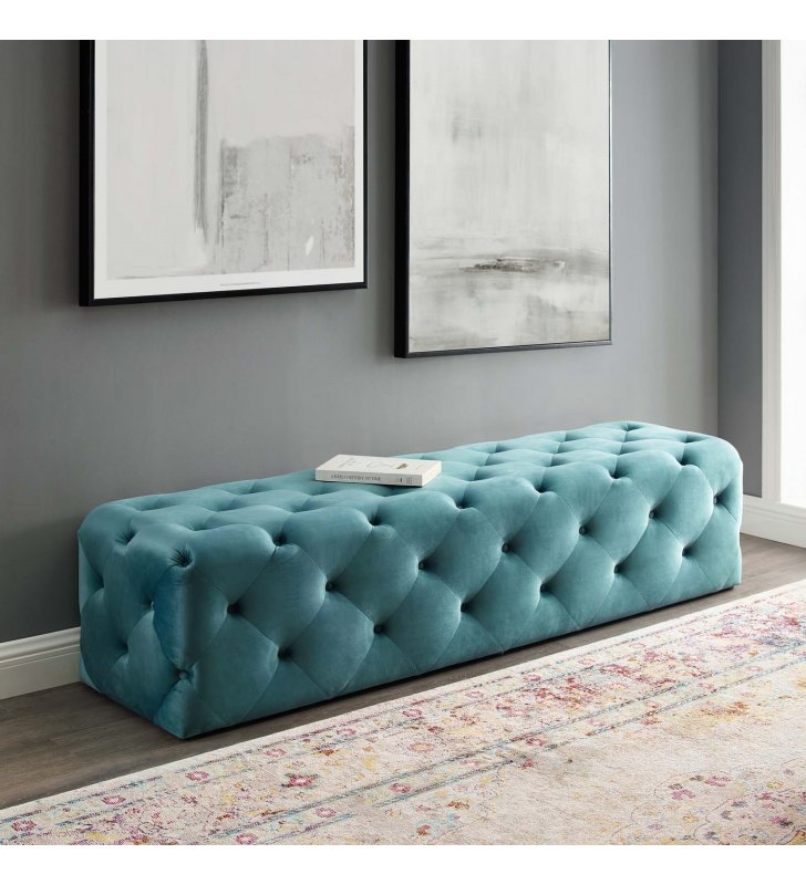 Amour 72" Tufted Button Entryway Performance Velvet Bench in Sea Blue - Lexmod