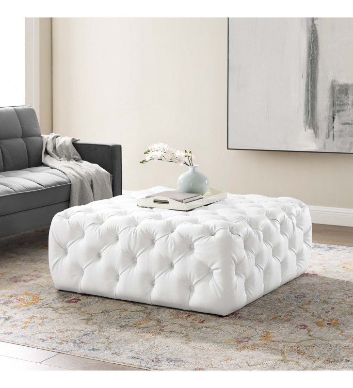 Amour Tufted Button Large Square Faux Leather Ottoman in White - Lexmod