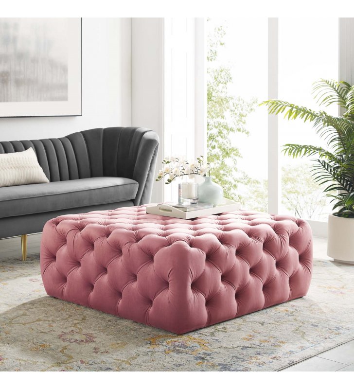 Amour Tufted Button Large Square Performance Velvet Ottoman in Dusty Rose - Lexmod
