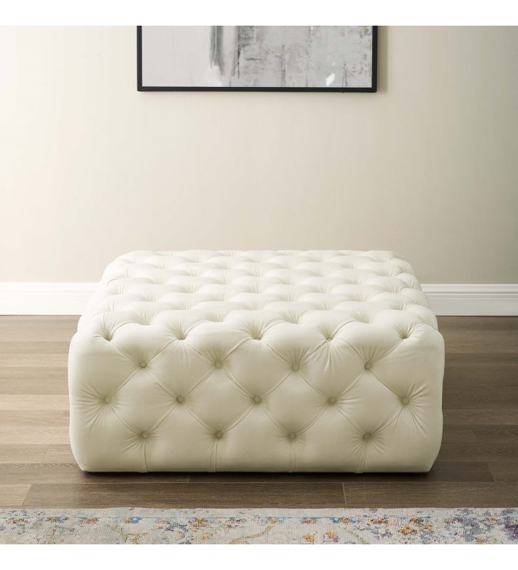 Amour Tufted Button Large Square Performance Velvet Ottoman in Ivory - Lexmod