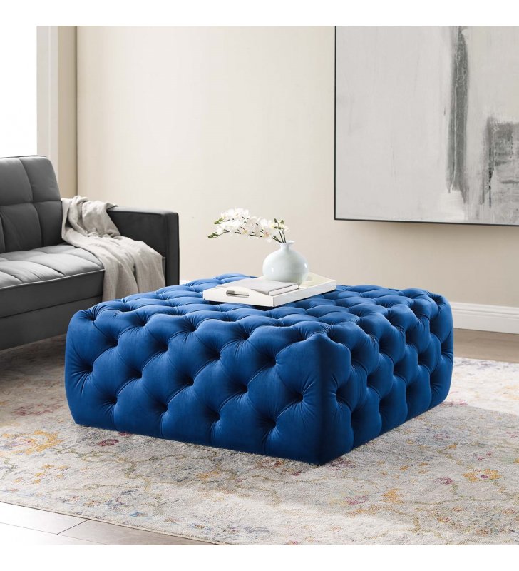 Amour Tufted Button Large Square Performance Velvet Ottoman in Navy - Lexmod