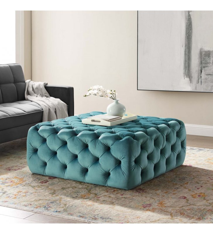 Amour Tufted Button Large Square Performance Velvet Ottoman in Sea Blue - Lexmod