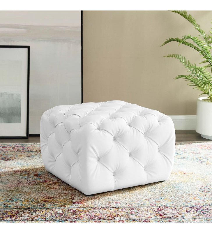 Amour Tufted Button Square Faux Leather Ottoman in White - Lexmod