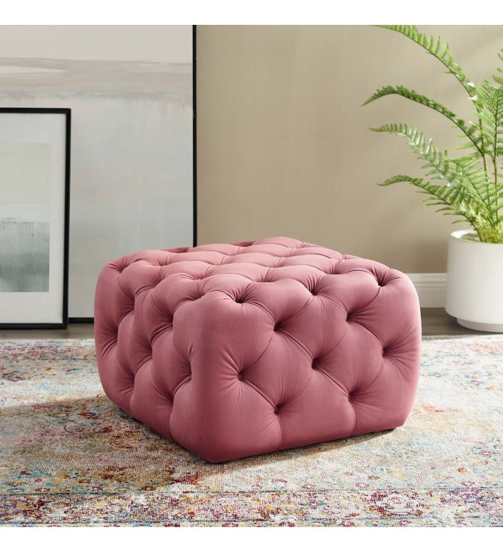 Amour Tufted Button Square Performance Velvet Ottoman in Dusty Rose - Lexmod