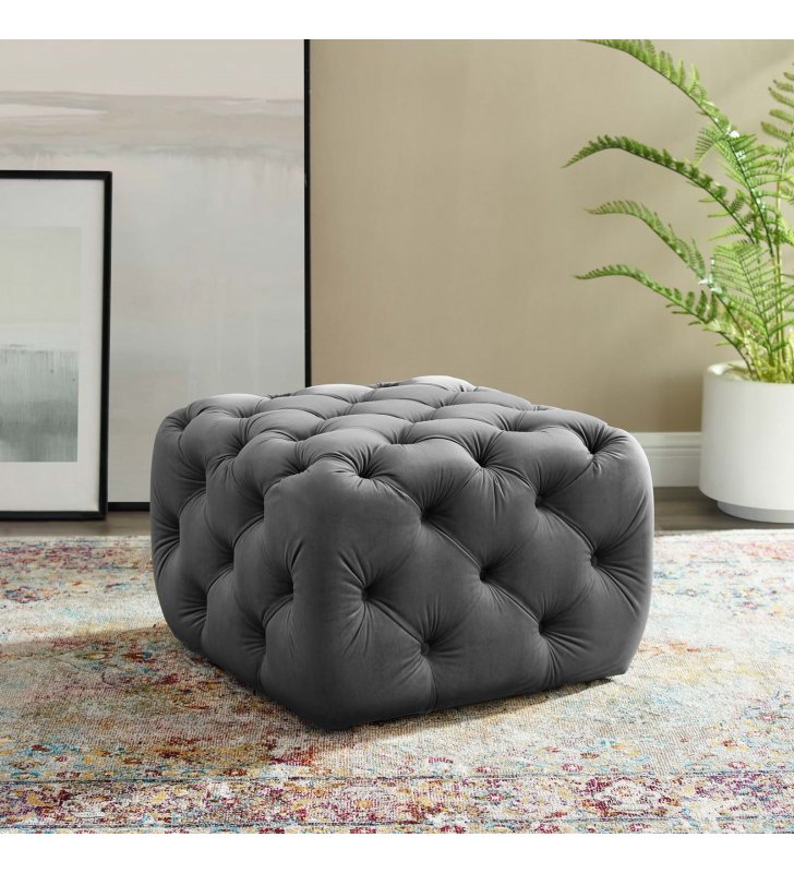 Amour Tufted Button Square Performance Velvet Ottoman in Gray - Lexmod