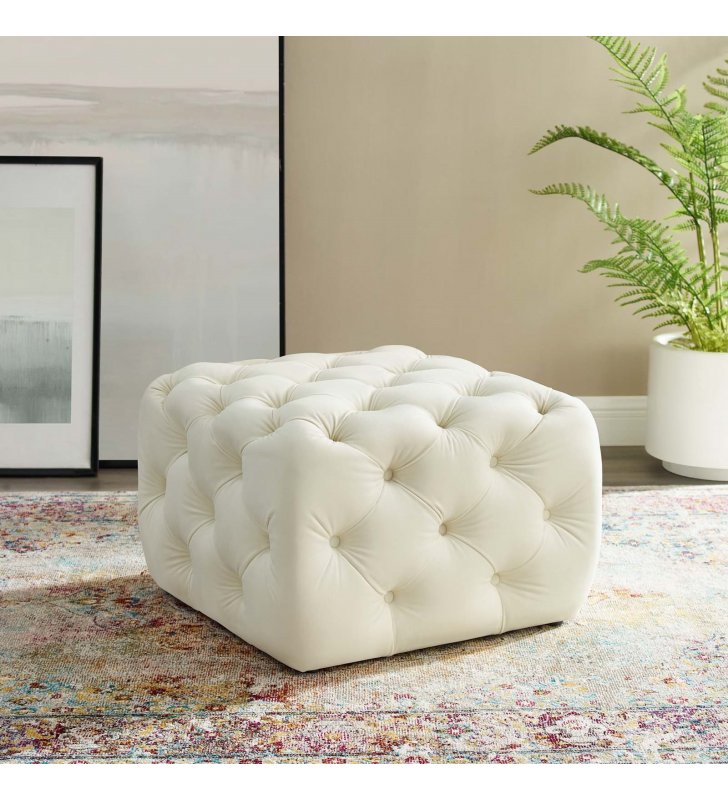 Amour Tufted Button Square Performance Velvet Ottoman in Ivory - Lexmod