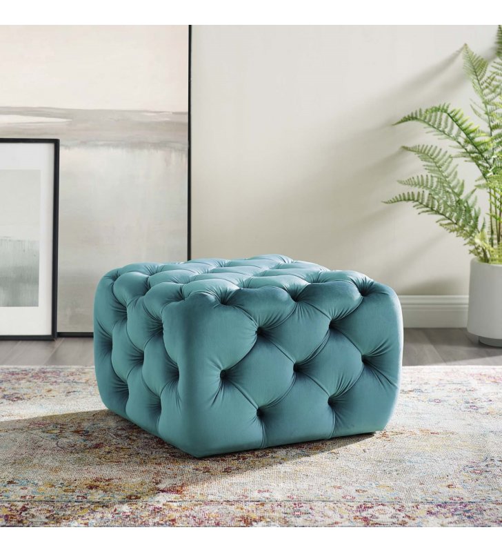 Amour Tufted Button Square Performance Velvet Ottoman in Sea Blue - Lexmod