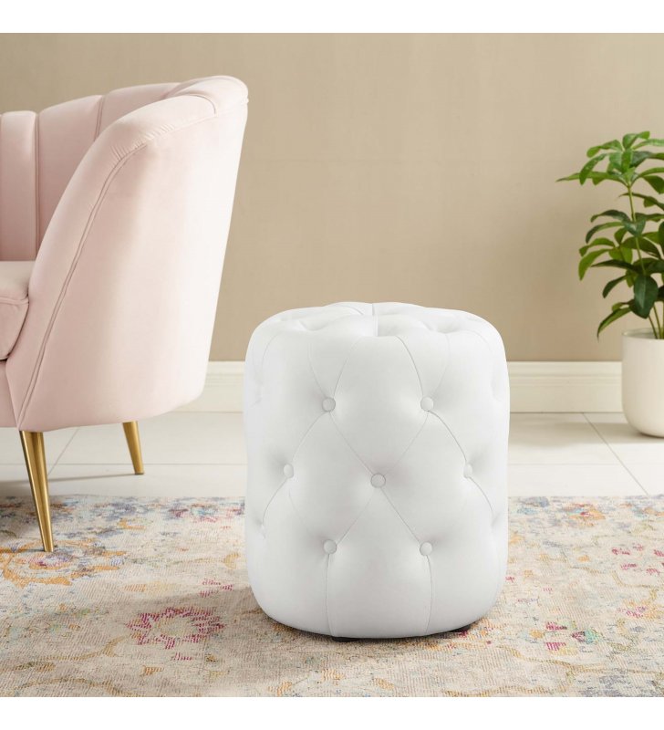 Amour Tufted Button Round Faux Leather Ottoman in White - Lexmod