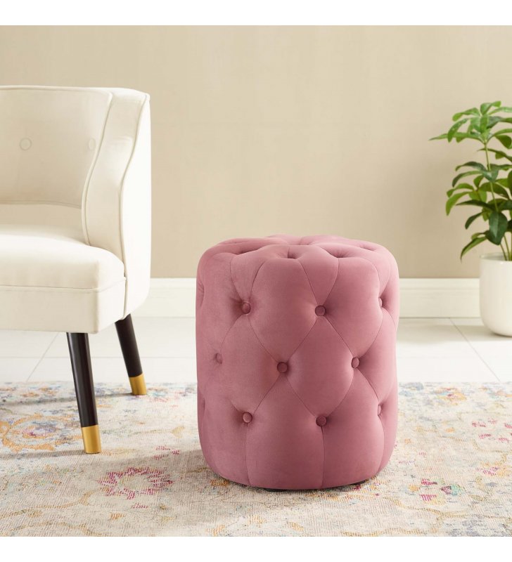 Amour Tufted Button Round Performance Velvet Ottoman in Dusty Rose - Lexmod
