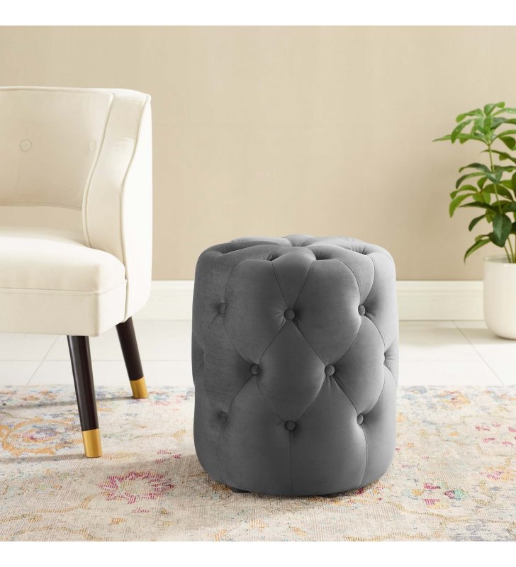Amour Tufted Button Round Performance Velvet Ottoman in Gray - Lexmod