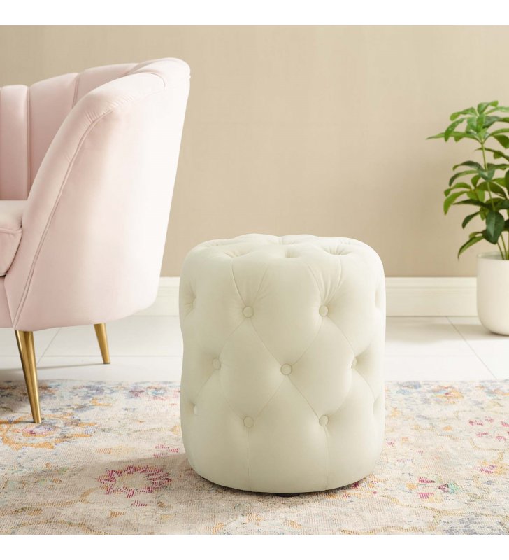 Amour Tufted Button Round Performance Velvet Ottoman in Ivory - Lexmod