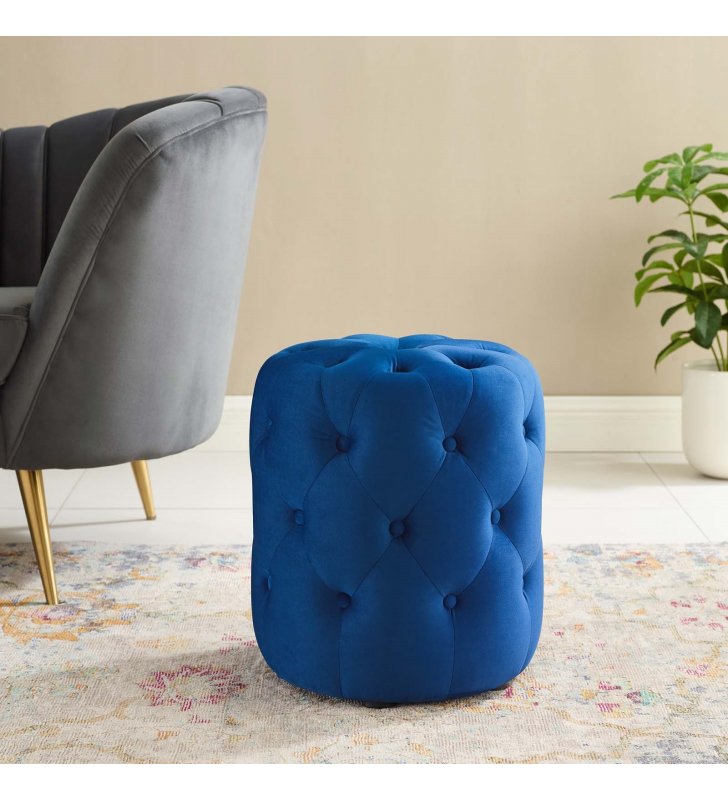 Amour Tufted Button Round Performance Velvet Ottoman in Navy - Lexmod