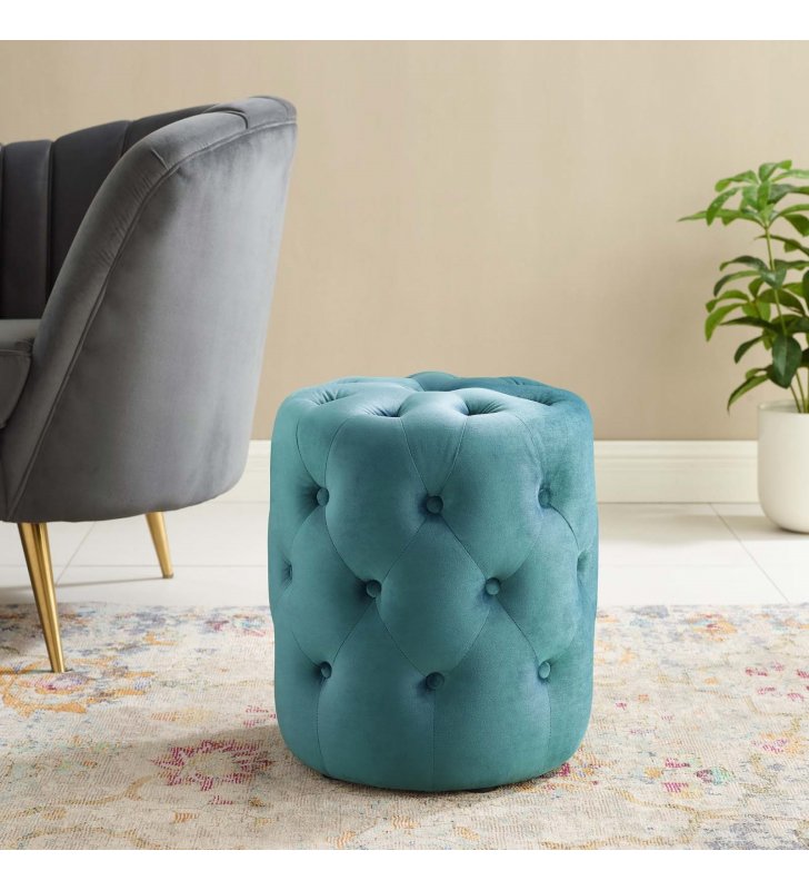 Amour Tufted Button Round Performance Velvet Ottoman in Sea Blue - Lexmod