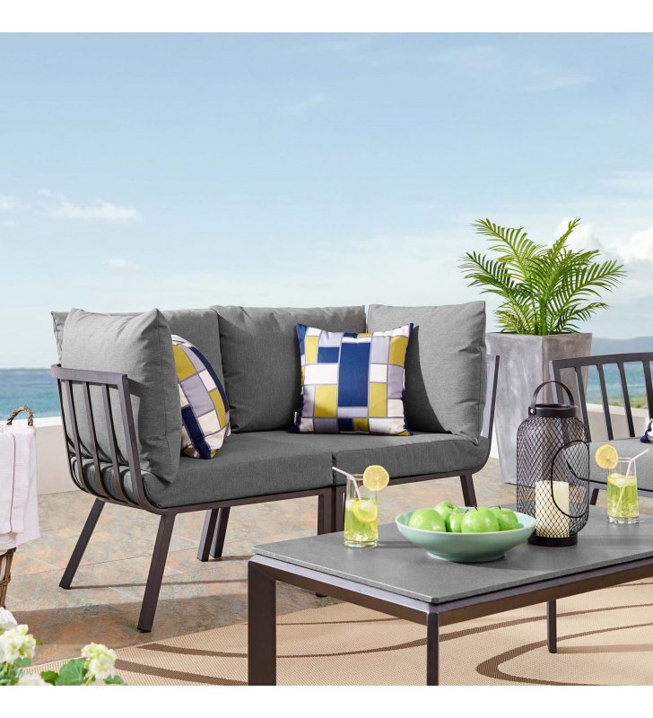 Riverside 2 Piece Outdoor Patio Aluminum Sectional Sofa Set in Gray Charcoal - Lexmod