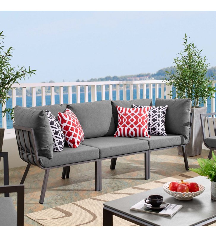 Riverside 3 Piece Outdoor Patio Aluminum Sectional Sofa Set in Gray Charcoal - Lexmod
