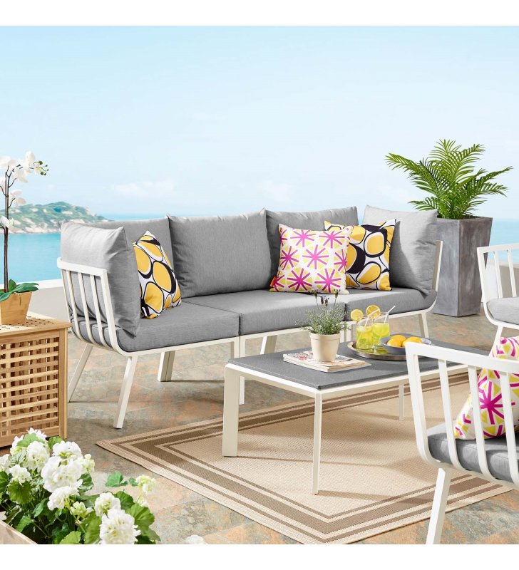 Riverside 3 Piece Outdoor Patio Aluminum Sectional Sofa Set in White Gray - Lexmod