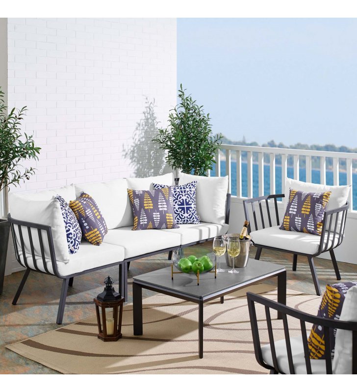 Riverside 5 Piece Outdoor Patio Aluminum Set in Gray White - Lexmod