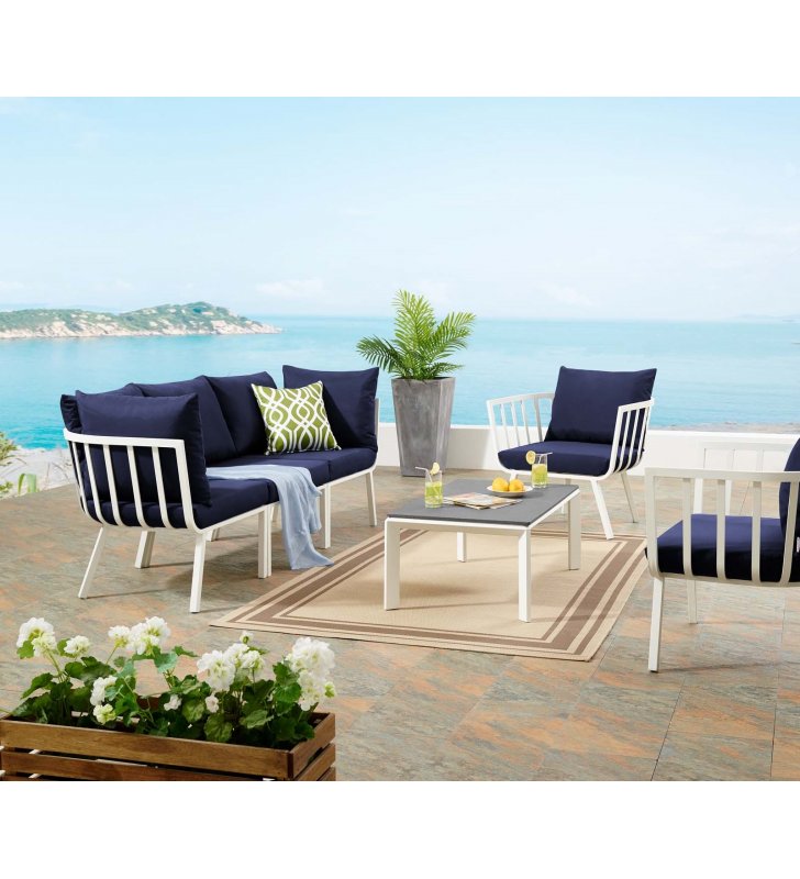 Riverside 5 Piece Outdoor Patio Aluminum Set in White Navy - Lexmod