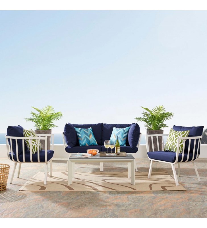 Riverside 5 Piece Outdoor Patio Aluminum Set in White Navy - Lexmod
