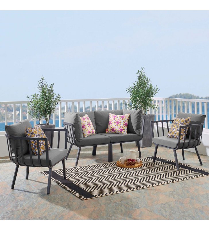 Riverside 4 Piece Outdoor Patio Aluminum Set in Gray Charcoal - Lexmod