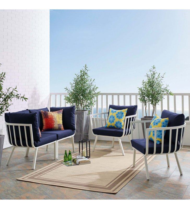 Riverside 4 Piece Outdoor Patio Aluminum Set in White Navy - Lexmod
