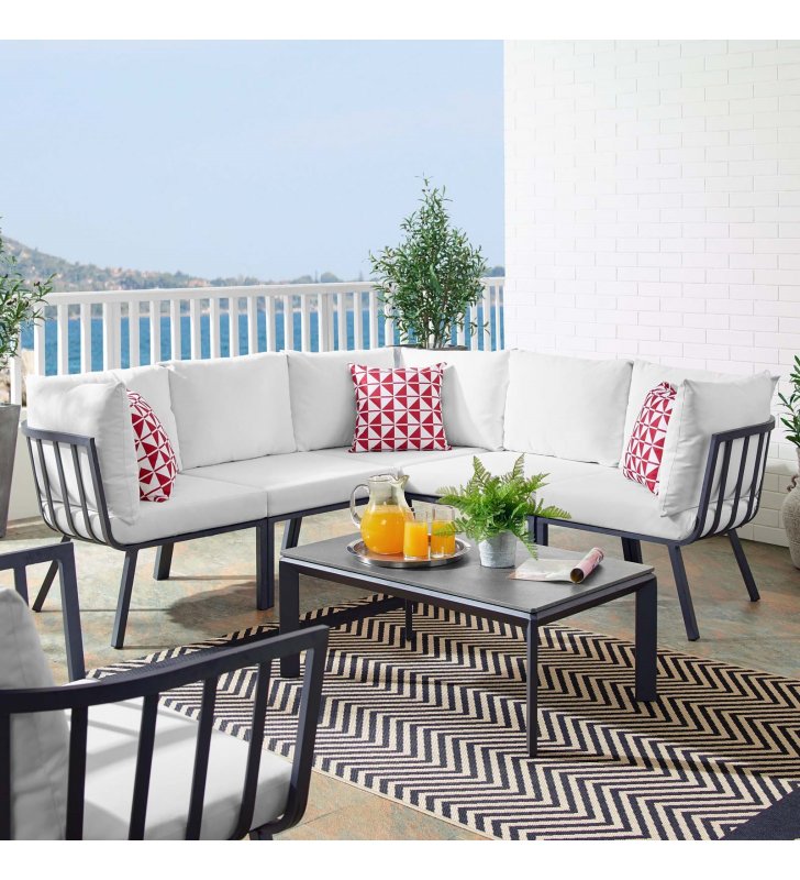 Riverside 6 Piece Outdoor Patio Aluminum Set in Gray White - Lexmod