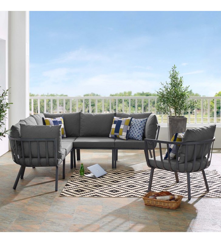 Riverside 6 Piece Outdoor Patio Aluminum Set in Gray Charcoal - Lexmod