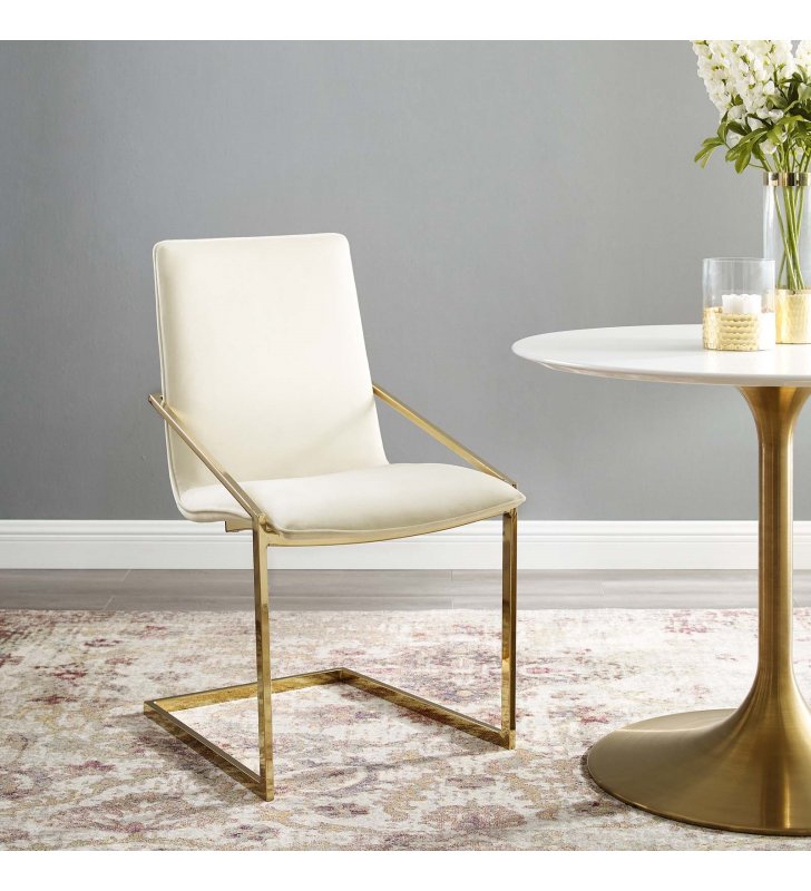 Pitch Performance Velvet Dining Armchair in Gold Ivory - Lexmod