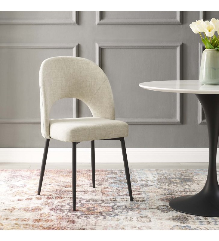 Rouse Upholstered Fabric Dining Side Chair in Black Beige - Lexmod