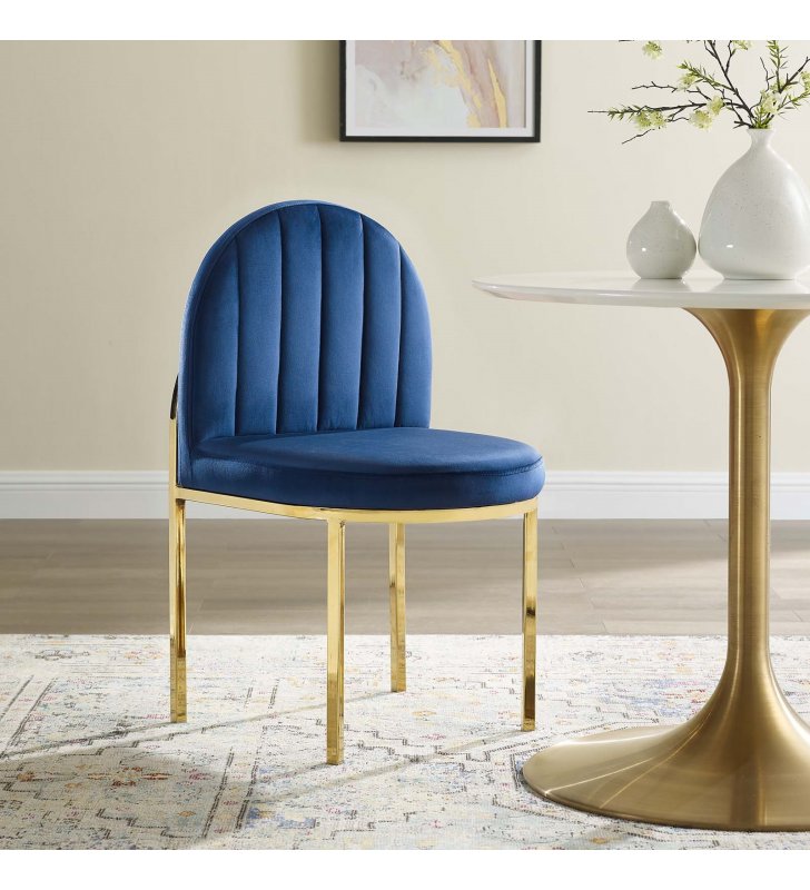 Isla Channel Tufted Performance Velvet Dining Side Chair in Gold Navy - Lexmod