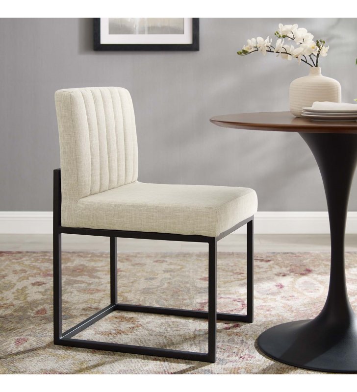 Carriage Channel Tufted Sled Base Upholstered Fabric Dining Chair in Black Beige - Lexmod