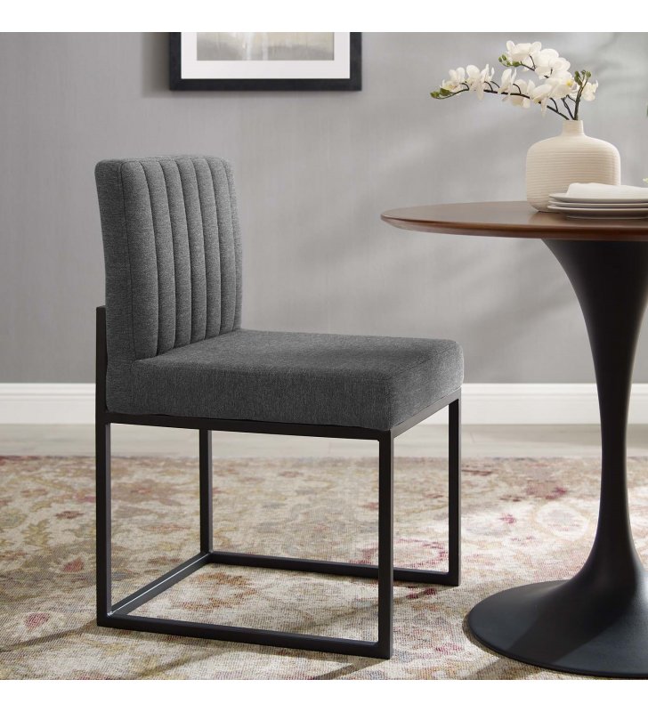 Carriage Channel Tufted Sled Base Upholstered Fabric Dining Chair in Black Charcoal - Lexmod