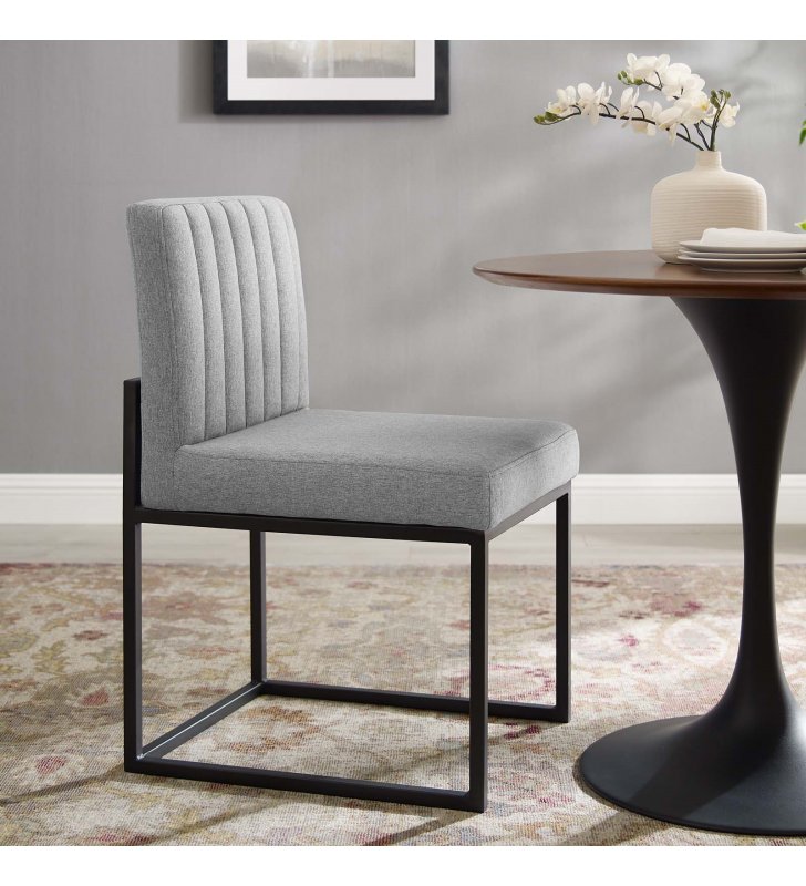 Carriage Channel Tufted Sled Base Upholstered Fabric Dining Chair in Black Light Gray - Lexmod
