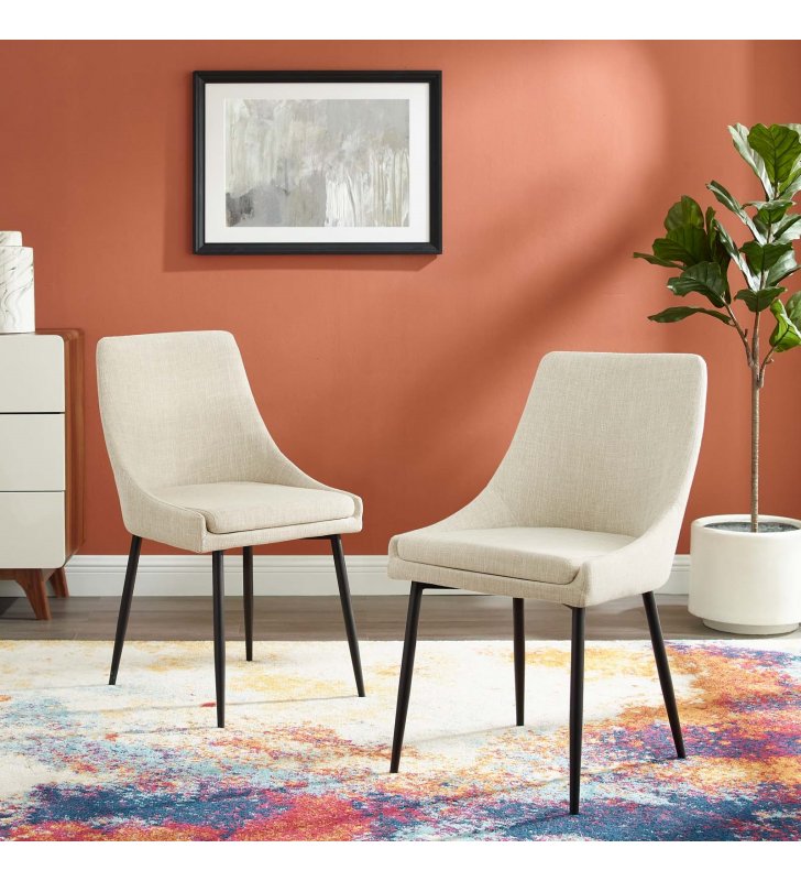 Viscount Upholstered Fabric Dining Chairs - Set of 2 in Black Beige - Lexmod