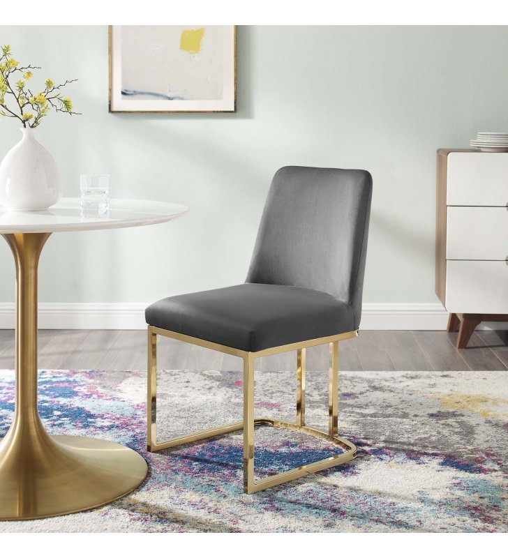 Amplify Sled Base Performance Velvet Dining Side Chair in Gold Gray - Lexmod